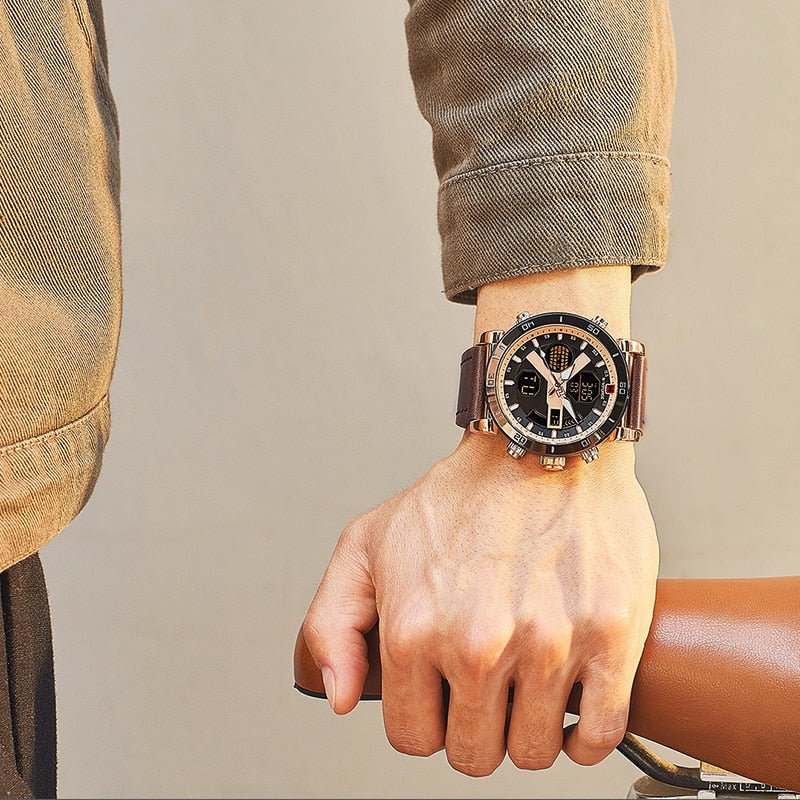 Men's Quartz Digital Leather Military Watch