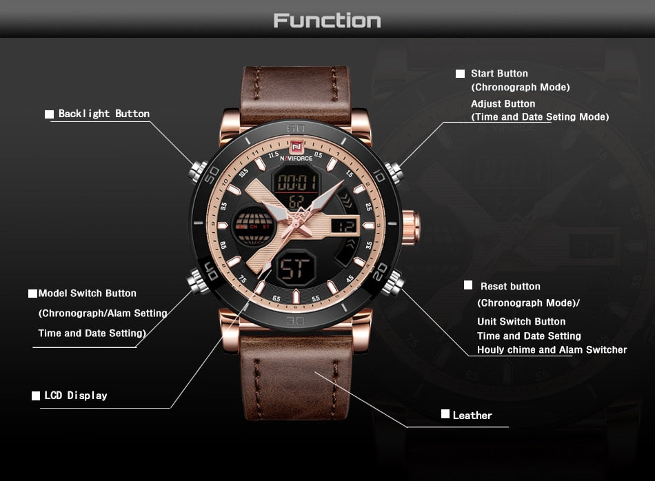 Men's Quartz Digital Leather Military Watch